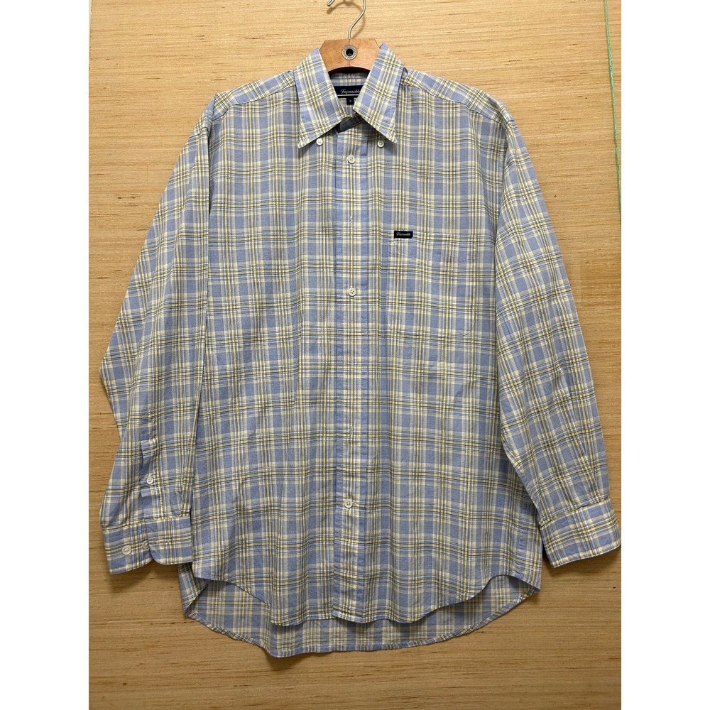 Faconnable Mens Small Blue Yellow Plaid Cotton Long Sleeve Button Down Shirt